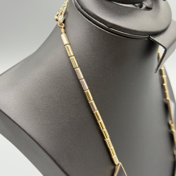 Vintage Gold Tone Chevron Enamel Black Cream Rhinestone Bib Necklace 18" READ - Picture 4 of 15